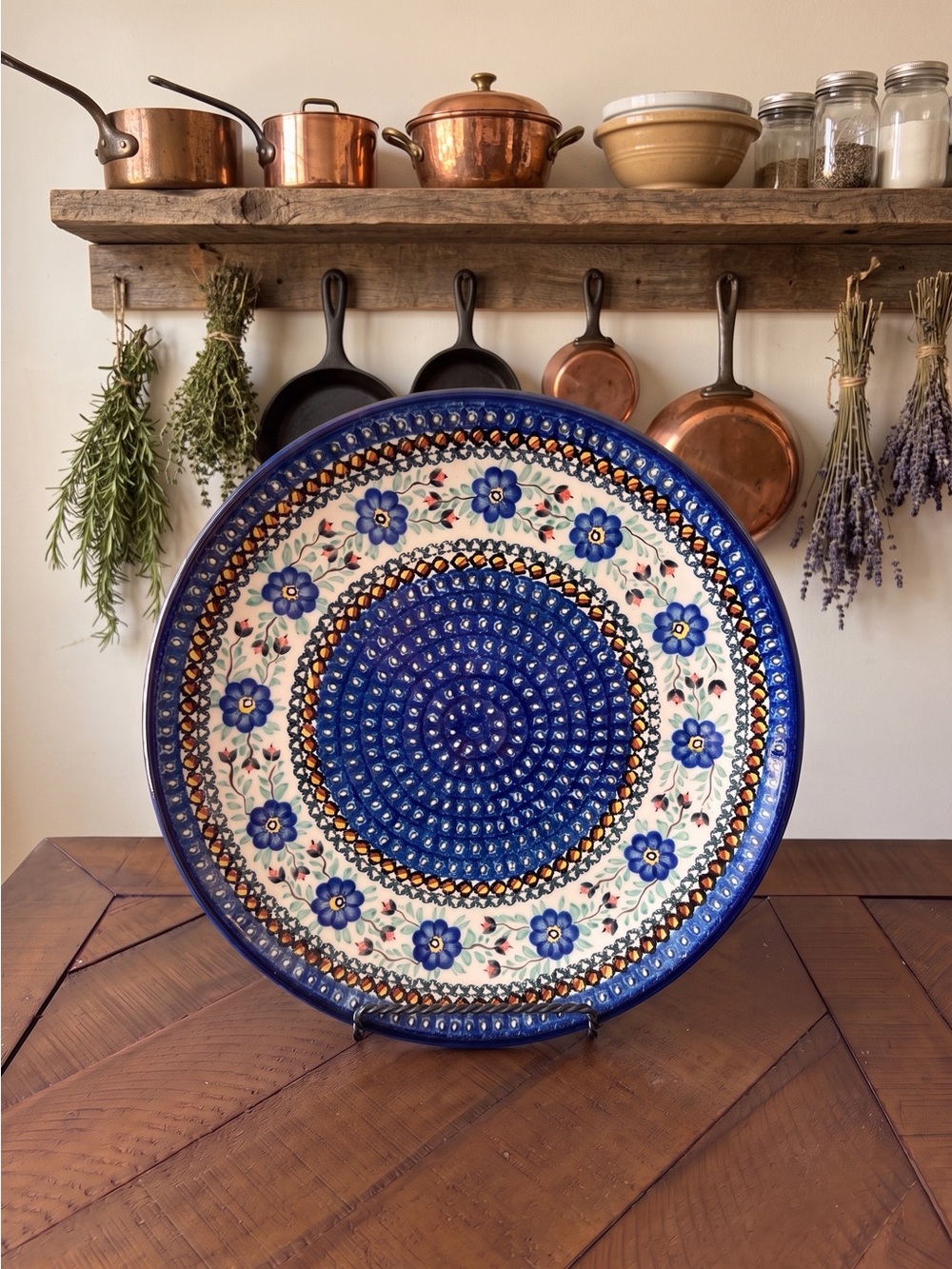 Hand-Painted Blue Floral Ceramic Polish Pottery Boleslawiec Poland Unikat Plate